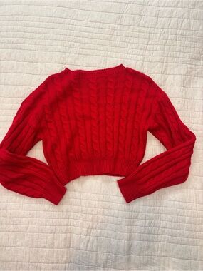 Amazon Red Cable-Knit Cropped Crewneck Sweater